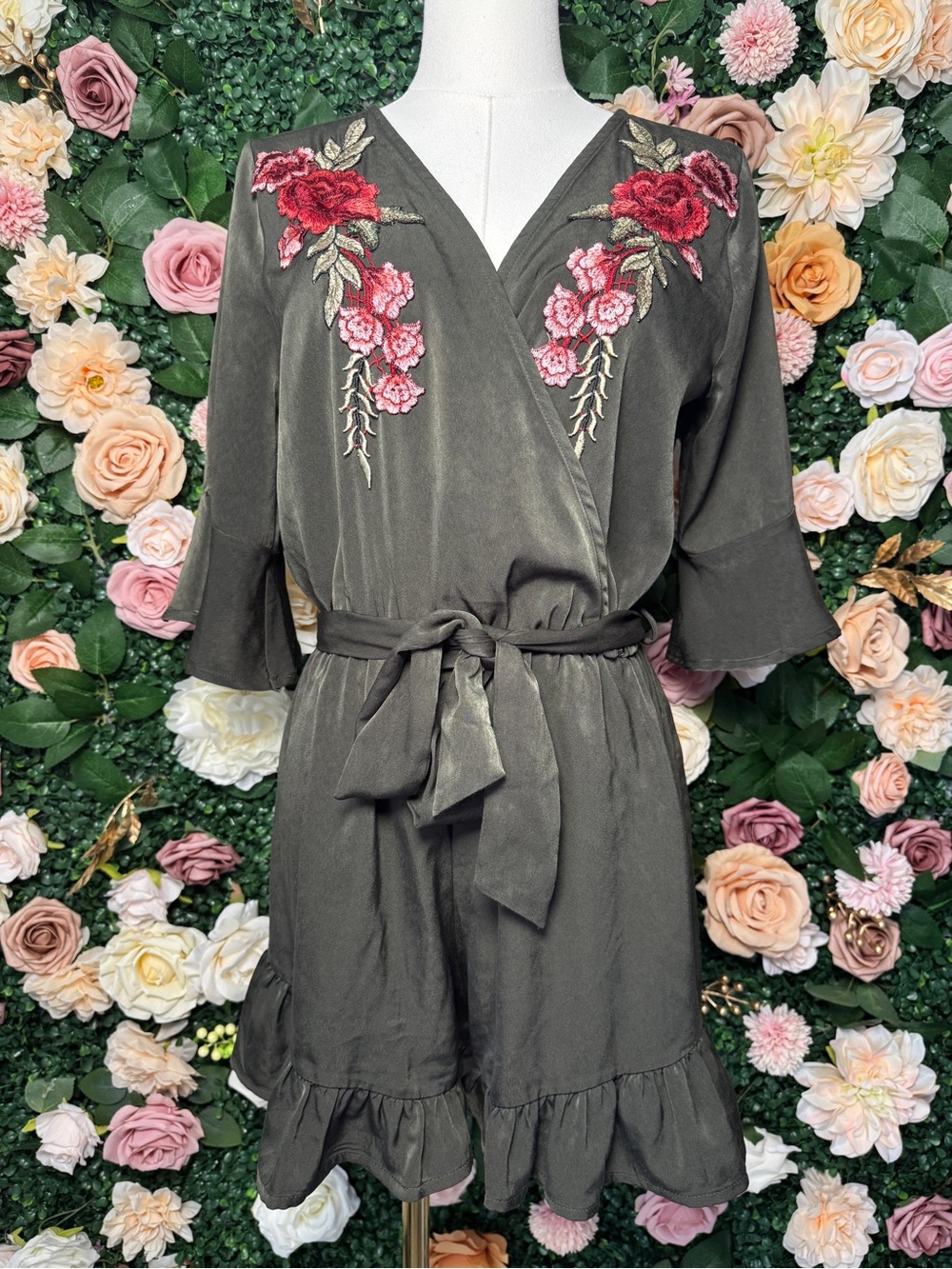 Olive Green Embroidered Wrap Romper - Picture 2 of 7